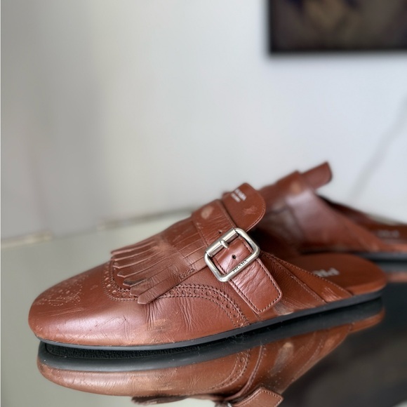 Worn once PRADA Brown Leather Fringed Shuffle Mules $1,250 41 - Picture 11 of 13